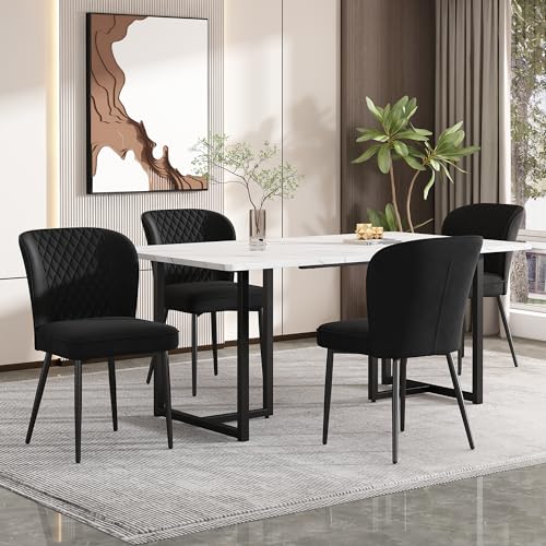 YESGIGA Essgruppe,Set,140×80×75cm Esstisch mit 4 Stühlen,Schwarz Samt Esszimmerstühle, Polsterstuhl Design Stuhl mit Rückenlehne,MDF Tischplatte in Weißer (L-förmig Schwarz Tischbeine)