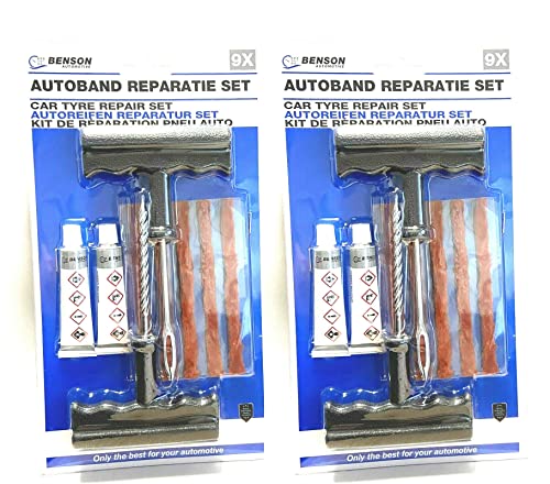 BENSON 2 x Notfall Autoreifen Reparaturset 9-teiliges Flickzeug als Pannenhilfe für Reifenreparatur - 2er Pack