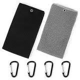 Dadabig 2 Stück Mikrofaser Golf Handtuch mit 4 Stück Clips, 40 * 50cm Golfhandtuch Tri-Fold Golf Handtuch Sporthandtuch Golf Reinigungstuch für Sport Outdoor Fitness Yoga Golf Fahrrad Schwarz/Grau