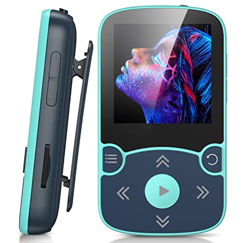 AGPTEK MP3 Player Bluetooth 5.3 Sport 32GB mit 1,5 Zoll TFT Farbbildschirm, Mini Musik Player mit Clip, unterstützt bis 128GB SD Karte, mit unabhängiger Lautstärketaste, FM Radio, Schrittzähler, Blau