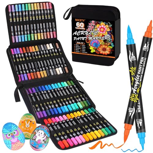 NICETY 60PCS Acrylstifte für Steine Wasserfest - Dual Tip Acrylmarker Multimarker für Steine Bemalen Holz Stein Stoff Leinwand Glas Keramik, 0.5-5mm Acrylfarben Stifte Acrylic Paint Marker Set