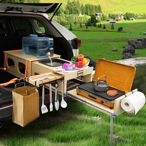 JAGAHAHA Campingküche Faltbar, Campingbox und Mobile Küche, Müllbeutelhalter, Aufbewahrungsschublade und Verstellbarer Stütze, Perfekt für SUV Camper Ausbau, Van Ausbau und Overland Abenteuer