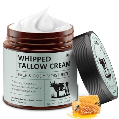 Beef Tallow Creme, Bio Beef Tallow Skincare (120g), Grassgefüttert Rindertalg Creme mit Honig Bienenwachs - Tief Feuchtigkeitsspendend für Gesicht und Körper, Schnelle Absorption, Nicht Parfümiert