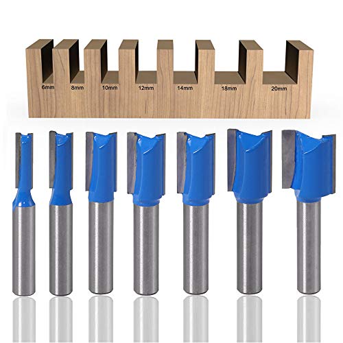 ASNOMY 7 Stück 8mm Schaft Nutfräser Set, 6mm 8mm 10mm 12mm 14mm 18mm 20mm Fräser Router Bits, Holz Gerade Router Bit Set, Hartmetall Fräsen Werkzeug Set für Holzbearbeitung, Rillenmeißel-Bits