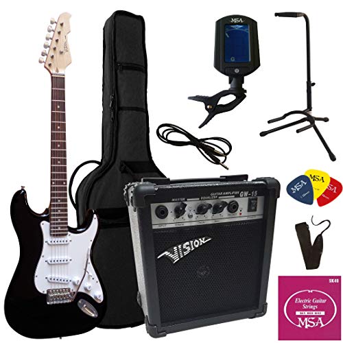 ELEKTROGITARRE SCHWARZ - E-GITARRE SET - 20WATT VERSTÄRKER - STIMMGERÄT - GITARRENSTÄNDER - TASCHE - BAND - SAITEN - 3xPLEKS - 9-TEILIG