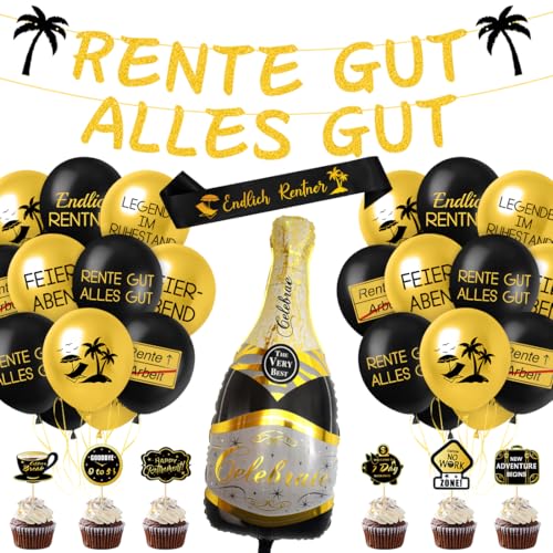 Ruhestand Deko, Rente Luftballons Banner Schärpe Tortendeko, Rentner Geschenk, Rente Deko Schwarz Gold, Rentner Deko für Männer Frauen Renteneintritt Pensionierung Abschied Party