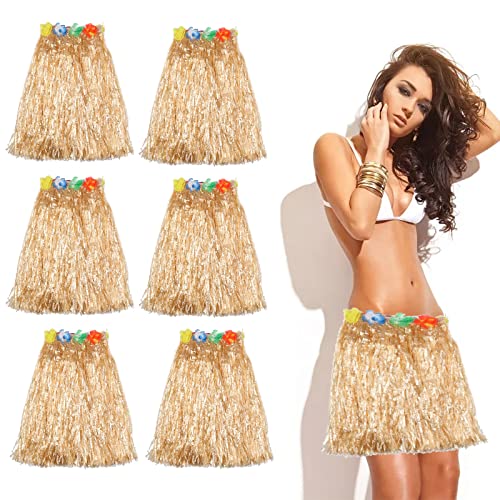 6 Stück 40 cm Hula Gras Rock Hawaiian Leis Tanzkleid Set mit Blume, elastischer Rock goldene Strohfarbe für Hawaiian Aloha Beach Summer Party Supplies