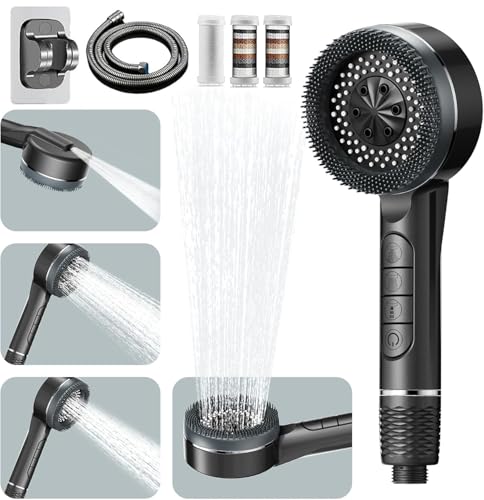 Duschkopf mit Filter, Hochdruck Handbrause mit Schlauch, 6 Strahlarten Duschkopf Wassersparend mit Filtration, Duschbrause mit Stoppfunktion, sparduschkopf für Hartes Wasser,Rest-Chlor,Bakterien
