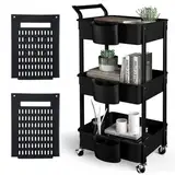 HBTower Servierwagen Küchenwagen 3 Etagen,3-Tier Utility Rollwagen, Mobile Utility Aufbewahrungswagen mit DIY Dual Pegboards, Aufbewahrungsregale Organizer Cart, 3 hängende Körbe, Einfache Montage