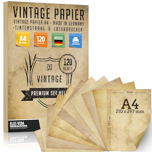 120 Blatt Altes Papier, Vintage DIN A4 bedruckbar - Urkunden Schatzkarten, Briefpapier - Bastel für Karten,Hochzeit, Adel Geschenke, Nostalgie Geburtstag Ritter und Piraten - DEUTSCHE PRODUKTION