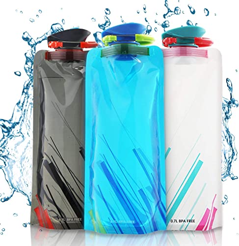 Leikurvo Faltbare Trinkflasche, 700ml Set von 3 Flexible Zusammenklappbare Wasserflaschen Wiederverwendbare Festival Faltbare Flasche für das Wandern, Abenteuer, das Reisen