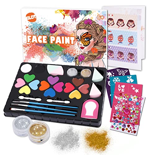 Kinderschminke Set 14 Farben Professionelle Schminkfarben Mädchen mit Pinsel Schablonen Glitzer Kinder Gesichtsfarben für Fasching Weihnachten Karneval