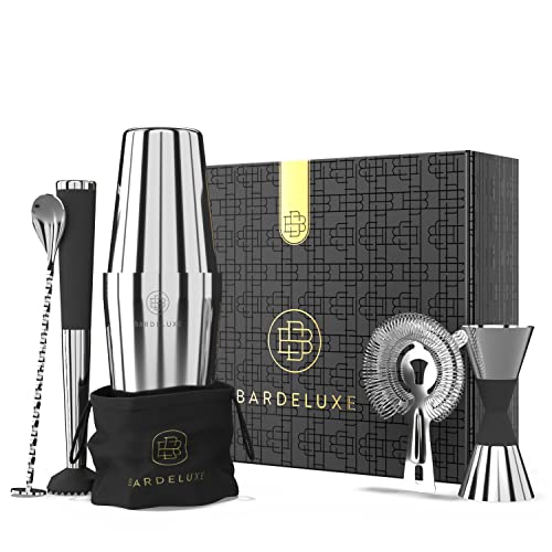 BarDeluxe® Boston Shaker Set 5-teilig, Barkeeper Set, Cocktail Mix Set - 750ml Cocktailshaker Boston, Cocktail Set Edelstahl, Cocktail Zubehör - Luxus Geschenkset, Tasche & Rezeptbuch (Silber)
