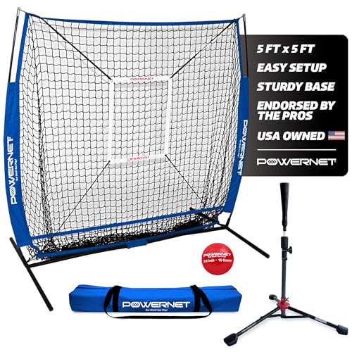 PowerNet 5x5 Übungsnetz + Deluxe Tee + Schlagzone + gewichteter Trainingsball Bundle | Baseball Softball Pitching Batting Coaching | Arbeiten Sie an Pitch Accuracy | Bauen Sie Vertrauen auf die Platte