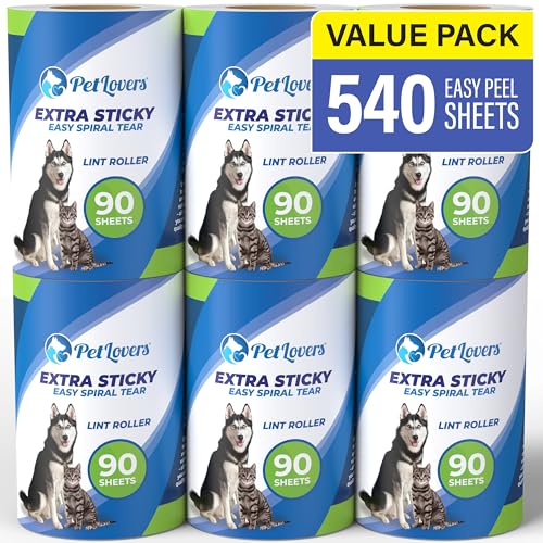 PetLovers Extra klebrige Fusselrolle Mega Value Set 450 Blatt für die Tierhaarentfernung, Hunde- und Katzenfusselentfernung 6 Nachfüllungen