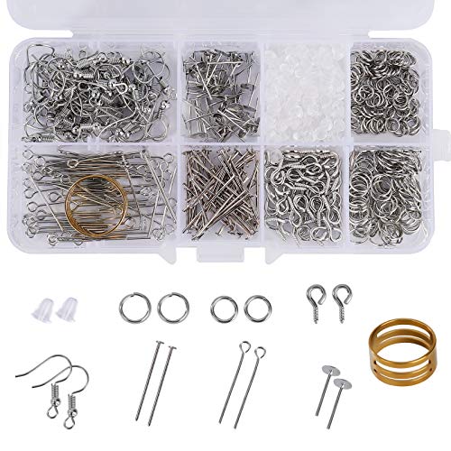 Schmuckherstellung Set, Schmuck Basteln Zubehör, Ohrring Reparatur Set mit Ohrring Haken, Endkappen, Sprungringen, Schrauben-Ösen, Kopfnadeln für Heimwerker, Anfänger und Erwachsene (650 Stück)