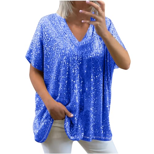 Trendige Pailletten Oberteile für Damen Oversize Lockerer Pullover Sexy V-Ausschnitt T-Shirt Einfarbiges Pulli-Shirt mit kurzen Ärmeln Lose Tunika Bluse Longshirt Lang Pullover Übergröße Longtops
