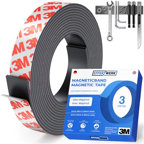 EFFEKTWERK Magnetband selbstklebend - 3 Meter - Magnetstreifen zuschneidbar - Extra breites Magnetklebeband mit starkem Kleber - Selbstklebendes Magnetband - Magnetband für metallische Gegenstände