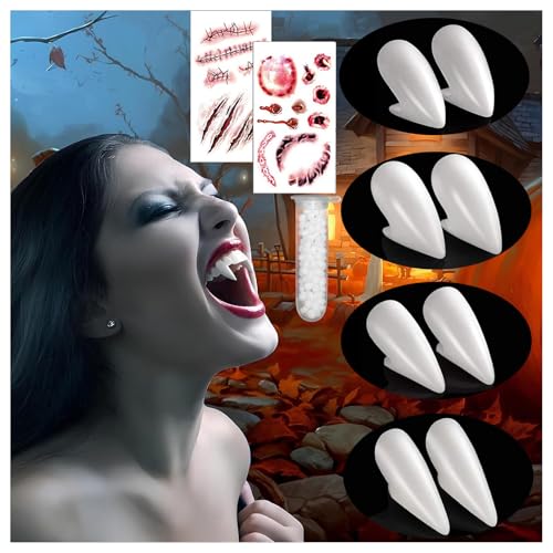 QIGHLIS Vampir Zähne Kit 4 Größen, Vampirzähne mit 1 Rohr Zähne Pellets Klebstoff und 2 Bögen Halloween Tattoo Vampire Fangs, Für Cosplay Party Requisiten halloween Vampire Teeth