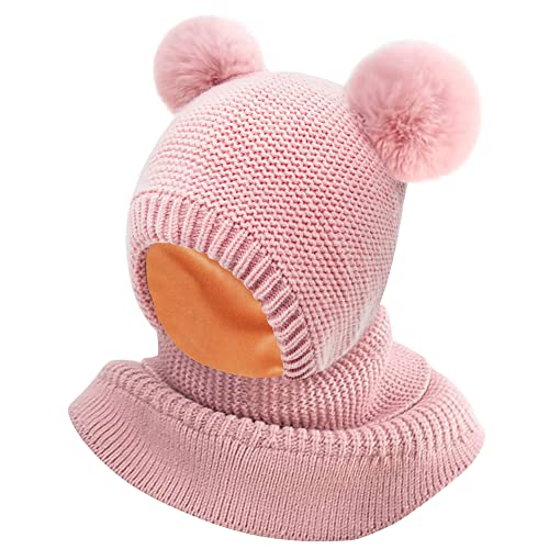 Kinder Schlupfmütze Mädchen Jungen Wintermütze Schalmütze Fleece Gefüttert Strickmütze mit Bommel Niedliche Winter Warm Beanie Mütze Kindermütze Bommelmütze Loop Schals für Kinder 2-6 Jahre Alt(Rosa)