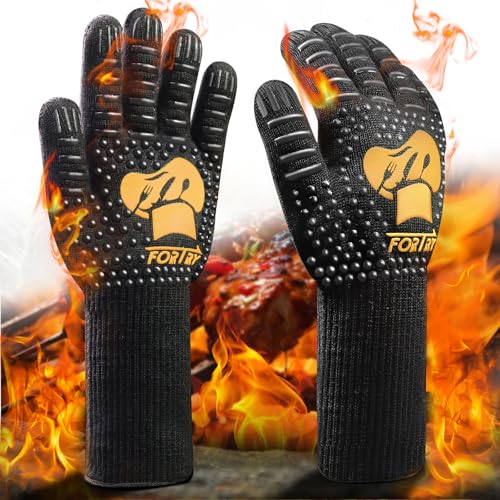 FORTRY Grillhandschuhe Hitzebeständig Bis 800°C，Ofenhandschuhe rutschfest，Backhandschuhe Kochhandschuhe Atmungsaktiv,Feuerfeste Handschuhe Topfhandschuhe Kamin，für Grill BBQ (M-XL)