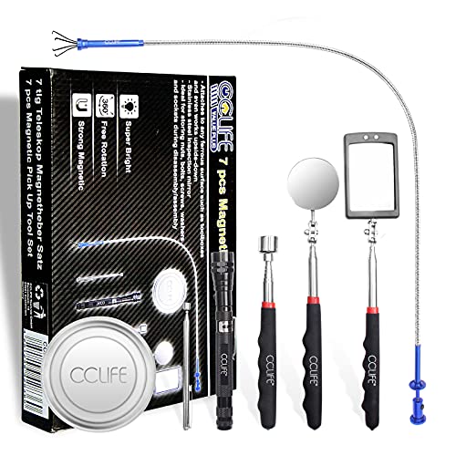 CCLIFE 7tlg Pick Up Tool Magnet Teleskop Werkzeug inkl. Inspektionsspiegel Krallengreifer Magnetheber mit LED Lampe Magnetstab