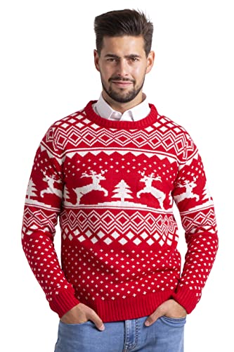 BlauerHafen Herren Weihnachten Jumper Lange Ärmel Knit Rundhals Crew Christmas Xmas Sweater (Rot, L)