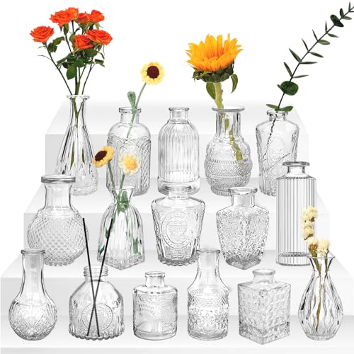 ZgoEC 16pcs Kleine Vasen für Tischdeko, Kleine Vasen Set Tischdeko Hochzeit, Mini Vasen Vintage Blumenvasen, Glasvasen für Wohnung Gartenparty Wedding Decoration, Kleine Glasvasen für Tischdeko