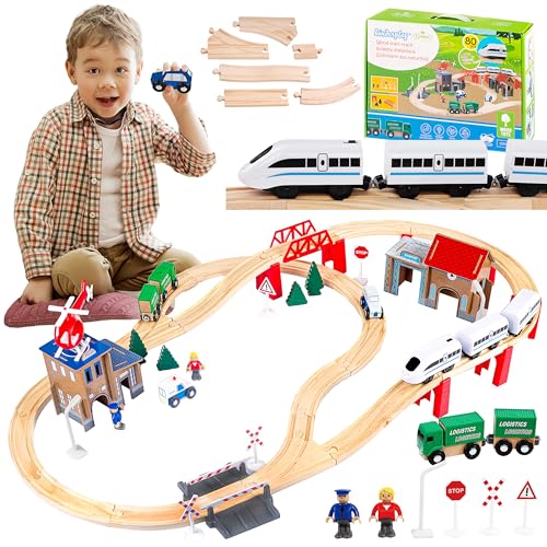 Green series Holzeisenbahn Set für Kinder - Eisenbahn Holz | Spielzeug Zug | Polizeistation, Autobahn und Bahnset mit Brücke, 80 Teilen, 378 cm lang | Holz Eisenbahnen | Holzzug | Modell GS0010