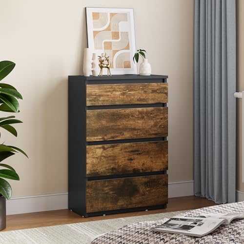 YITAHOME Kommode aus Holz, Kommode Schlafzimmer, zeitgenössische 4 Schubladen, Schlafzimmermöbel, Schlafzimmeraufbewahrungseinheit, Schiebeschubladen, 92 x 33 x 60 cm (Schwarz Rustikales Braun)