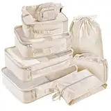 Dyzena Koffer Organizer Set mit Bauchtasche, 8 Teilige Packing Cubes Reißverschluss Kleidertaschen Packwürfel Packtaschen für Koffer Urlaub und Reisen, Beige