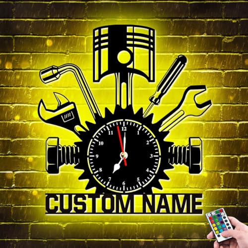 Personalisierte Reparaturwerkstatt-Wanduhr, Neonschild, Kunst, benutzerdefinierter Metallname, beleuchtet, LED-Reparaturwerkstatt, Wanduhr, leiser Quarz, kein Ticken, Garagenreparator, Geschenk für