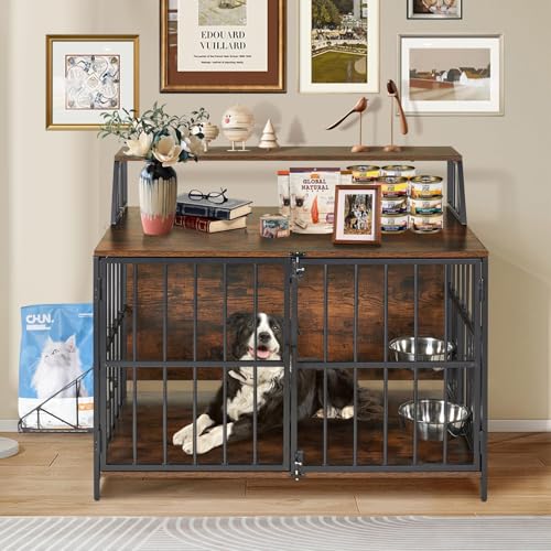 LitaiL Hundebox im Möbelstil für Zuhause, 100x60x65 cm, Hundekäfig Holz mit Erhöhte Hundenäpfe für große Hunde, Hundehütte Indoor mit Lagerung, Hundehaus für Hunde bis zu 45 kg