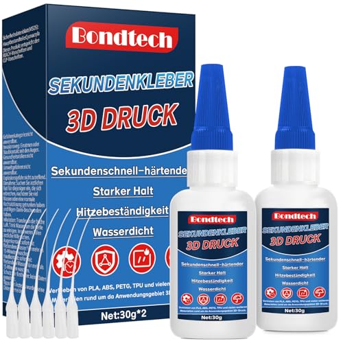 60g 3D Druck Kleber Extra Stark, Wasserfest Pla kleber, 3D Drucker Kleber Sekundenkleber, Anti-Trocknungsspitze, Schnell Aushärtend, 3D Kleber für PLA, ABS, PETG & TPU