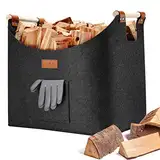 Ezilif Kaminholzkorb, Faltbar Holzkorb für Kaminholz Groß, Filztasche aus Extradickem Filz, Filzkorb für Feuer Kamin Brennholz, Kaminholztasche als Einkaufskorb Einkaufstasche 45 x 32 x 40 cm, Grau