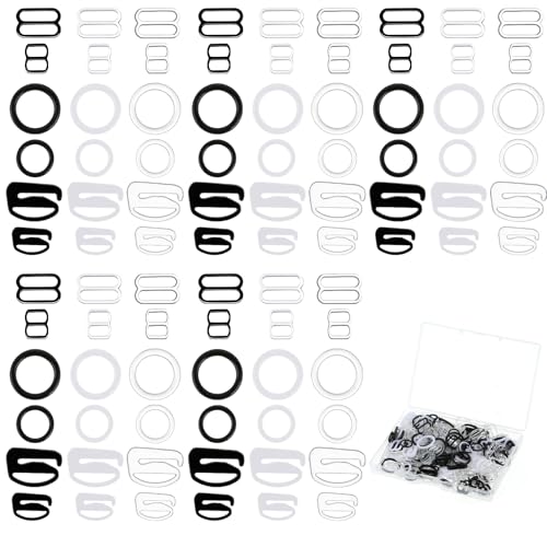 252 Stück BH Haken Verschluss BH Ringe 12mm und 8mm BH Träger Ringe Versteller Dessous Hakenverschluss Schieber BH -Zubehör für Unterwäsche, Bikini, Leibchen, Kleid (Schwarz, Weiß, Transparente)