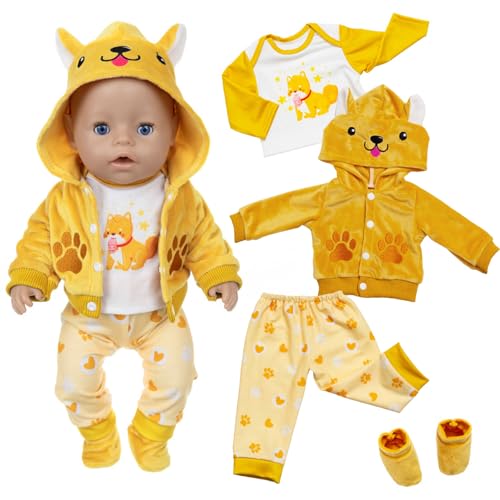 Kleidung Outfits für 14 16 17 Zoll Baby Puppen Puppenkleidung 36-43 cm 4 Stück Kleidung Enthalten 1 Gelbe Welpen Jacke mit Kapuze 1 Welpen-T-Shirt 1 Hose 1 Paar Socken Geburtstagsgeschenk für Kinder