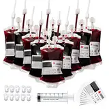 DSLIHA 10 Stücks Halloween Trinkgefäß Blutbeutel Blutspendebeutel mit 10 Clips Blutart Aufkleber und Fast Füllen Spritze Trinkgefäß Getränke Befüllen für Halloween Requisit, Zombie-Party(350ml)