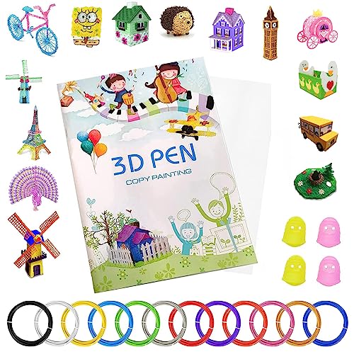 OHSN 3D Stift Vorlagen Zubehör Schablonen 3D-Druck-Zeichenbuch, Wiederverwendbare Bunte 40 Muster Dickes Papier Vorlage 3D-Stift Kinder DIY Geschenk，Mit 12 FarbenPLA,4 Fingerkörbchen