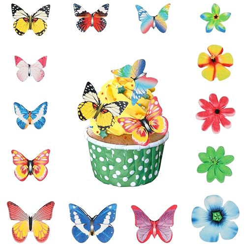 Volumoon 100 Stücke Essbare Schmetterlings-Kuchen-Deckel, Schmetterlingen und Blumen Kuchen Dekoration Essbare, Schmetterlingen und Blumen Kuchen Topper Geburtstag für Hochzeit Geburtstag Partybedarf