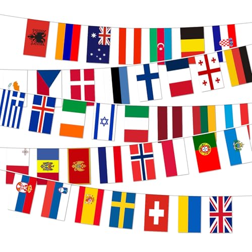 Eurovision Europäische Flagge Wimpelkette 12m - Eurovision Song Contest 2025 mit 38 Länder Doppelseitige Stoff-Wimpelkette Europäische Flagge Bunting,für Bar,Club,Garten,Drinnen Draußen Dekorationen