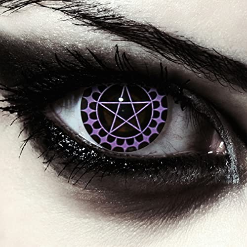 DESIGNLENSES, farbige Tageslinsen Kontaktlinsen mit Pentagramm Muster, violett und schwarz, ohne Sehstärke für Halloween Kostüm als Zombie, Black Butler Cosplay - 2 Stück (1 Paar) lila Augenlinsen