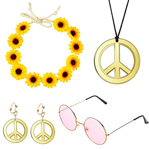 Karjiaja 5 Stücke Hippie Kostüm Set Hippie Accessoires mit 60er Jahre Retro Vintage Brille, Friedenszeichen Halskette Damen und Buntes Hippie Stirnband für 60er 70er 80er Party Verkleiden Zubehörset