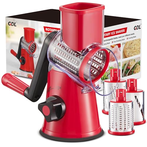 GDL Ice Crusher, Slushy Maker Maschine mit 3 Trommelmessern, Eiscrusher Manuell mit Kurbel Spülmaschinenfest und Schnellschnitt, Crushed Ice Maker Reibe für Eis, Slushy, Gurke, Karotte, Käse (Rot)