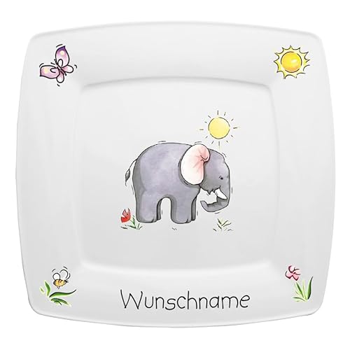 Doriantrade Speiseteller eckig 26cm Kinderteller Teller Porzellan Elefant personalisierbar mit Wunschname Name Kindergeschirr mit Namen personalisiert