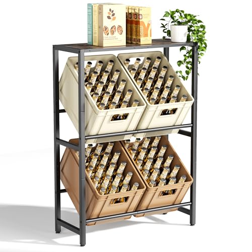 pickpiff 4 Kästen Getränkekistenregal mit Ablage - Schwarz Metall Getränkeregal, Platzsparend Kistenregal mit 2 Ebenen für Bier, Obst, Gemüse, Wasser - Für Wohnzimmer, Küche & Keller, 4 Boxes