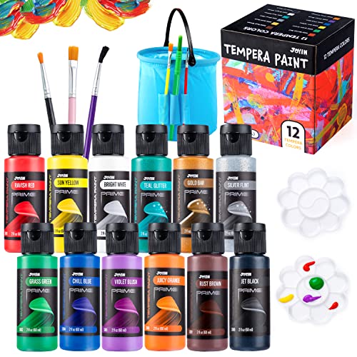JOYIN 12-teiliges waschbares Temperafarben-Set für Kinder (je 67 ml), flüssige Posterfarbe mit 6 Pinseln, 2 Paletten und 1 sauberem Eimer, ungiftig für Fingermalerei, Hobbymaler