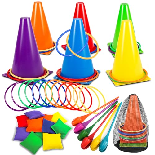 Vabrloy 36 Stück Ringwurfspiel,4-in-1 Outdoor Spiele Gartenspiele mit weiche Kunststoffkegel,Sitzsäcke, Ringwurfspiele,Säcke Eierlaufen,6-teiliges Kombiset für Karnevalsspiele im Freien