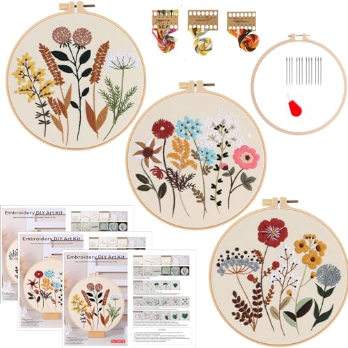 Smart-Feather 3 Sets Stickset für Anfänger, Handstickerei-Kits für Erwachsene mit Reifen, DIY Kunstprojekt Bastelset (Blume)