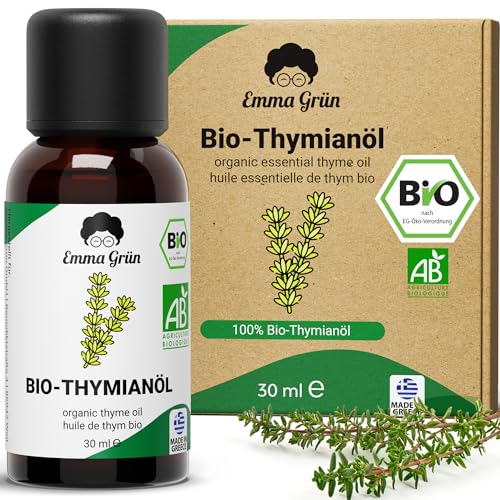 Emma Grün® Bio Thymianöl [100% Naturrein] - Thymian Bio Essential Oils 30ml - Würzig-Frisches Bio Thymian Öl - Ätherische Öle aus Bio Thymian in LEBENSMITTELQUALITÄT - Aus Griechenland